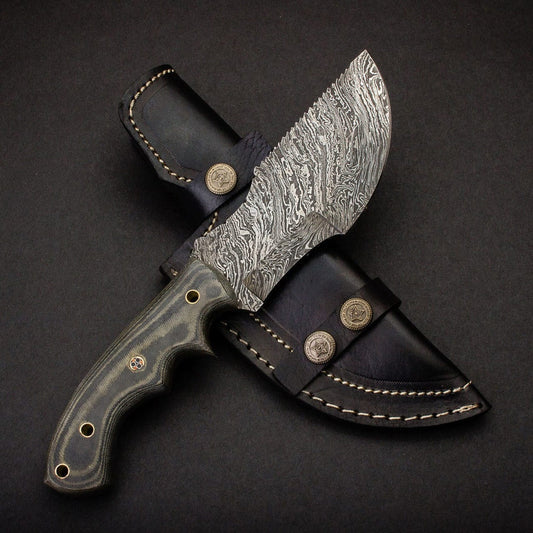 Handmade Raindrop Damascus Steel Tracker Knife With Leather Sheath