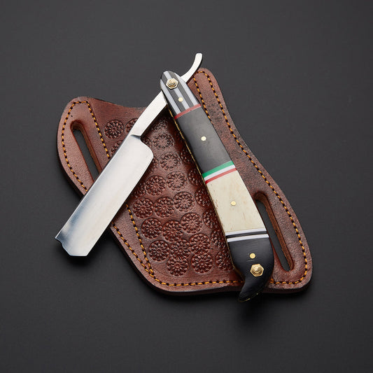 Handmade J2 steel barber straight razor featuring precision sharp edge blade and smooth finished handle designed for professional shaving.