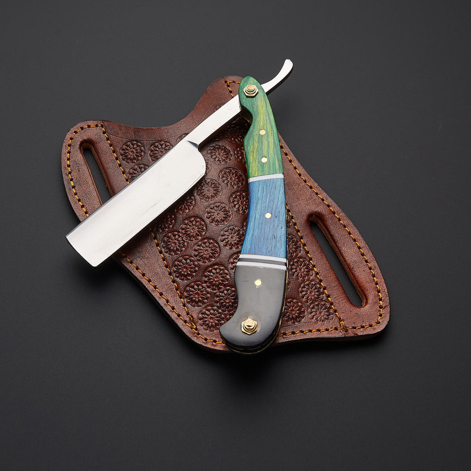 Premium handmade J2 steel straight razor featuring sharp straight edge blade and finely crafted handle for professional barber shaving.