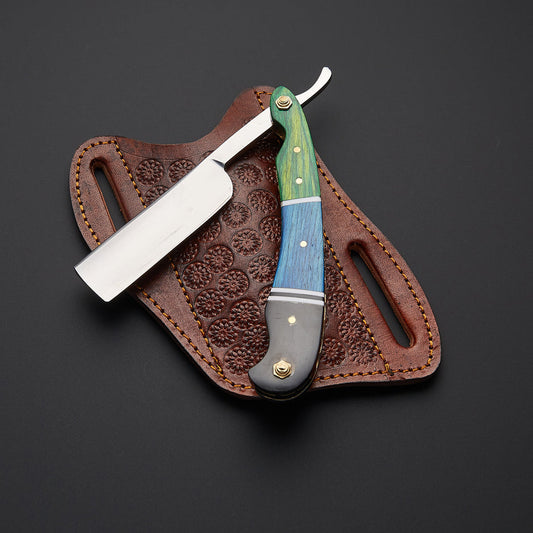 Premium handmade J2 steel straight razor featuring sharp straight edge blade and finely crafted handle for professional barber shaving.