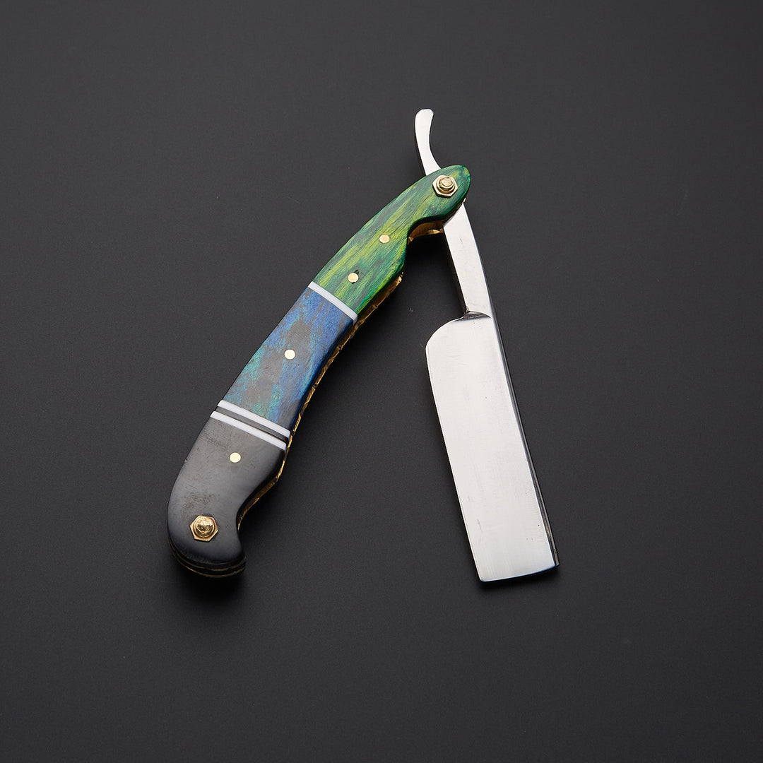 Luxury J2 steel straight edge barber razor displayed with premium leather sheath for safe storage and professional grooming use.