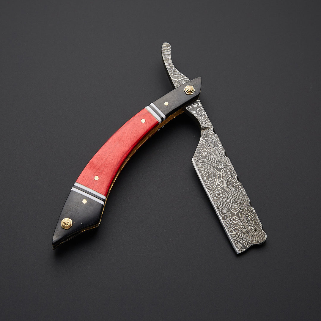 Luxury barber straight edge razor placed beside premium leather sheath designed for safe storage and stylish presentation.