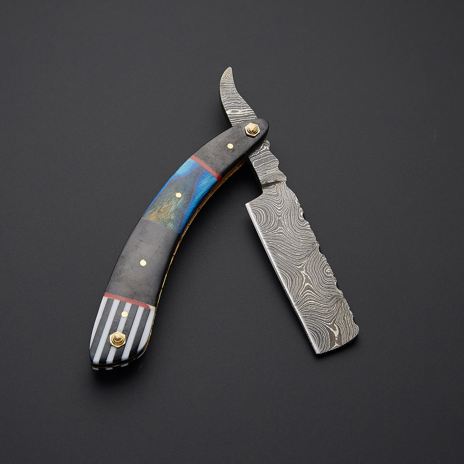 Premium handmade barber straight razor paired with durable leather sheath for safe storage and classic grooming experience.