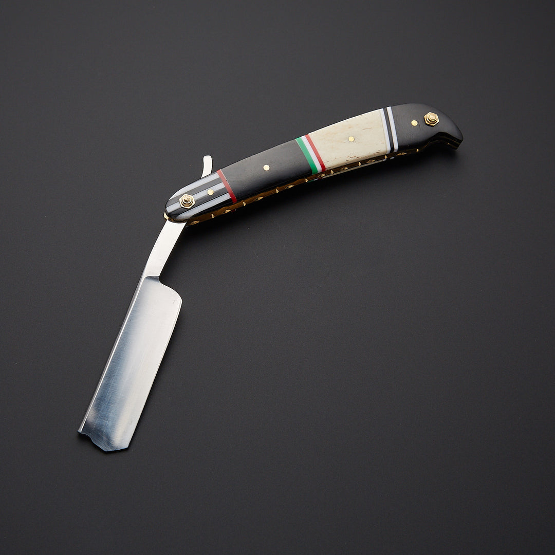Premium cut throat straight razor crafted from J2 steel paired with durable leather sheath for safe storage and classic grooming use.