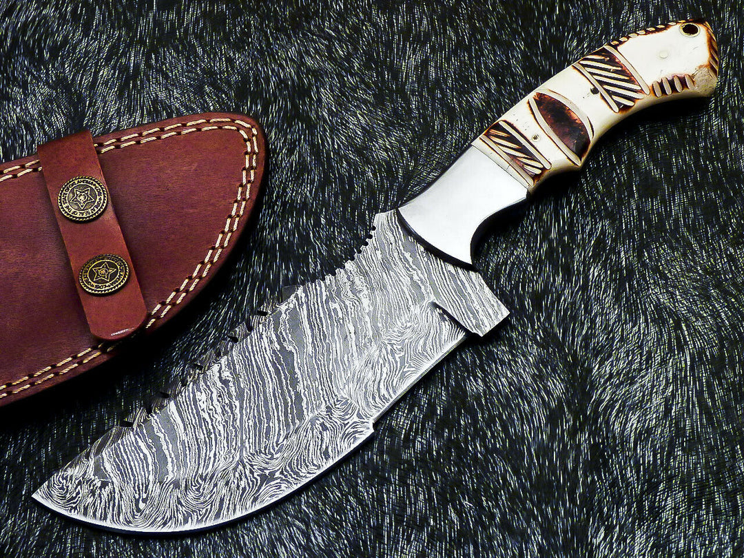 Custom Hand Forged Damascus Steel 10" Tracker Hunting Knife BONE Handle