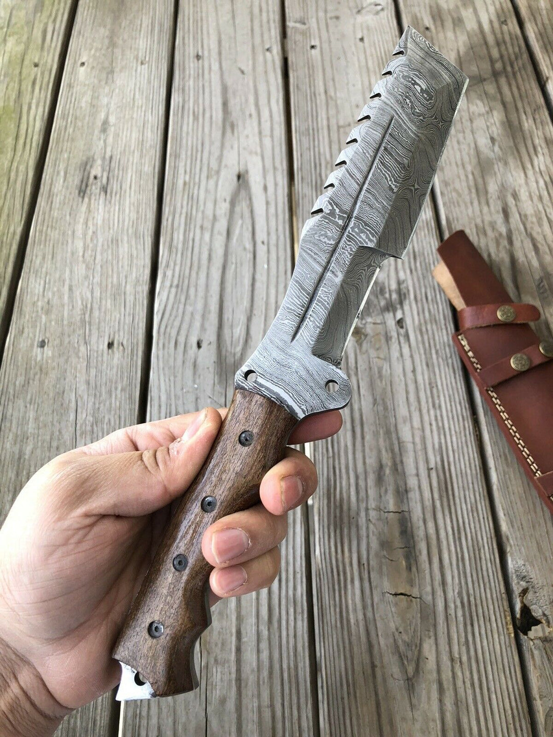 CUSTOM DAMASCUS STEEL TRACKER HUNTING KNIFE with olive wood Handle