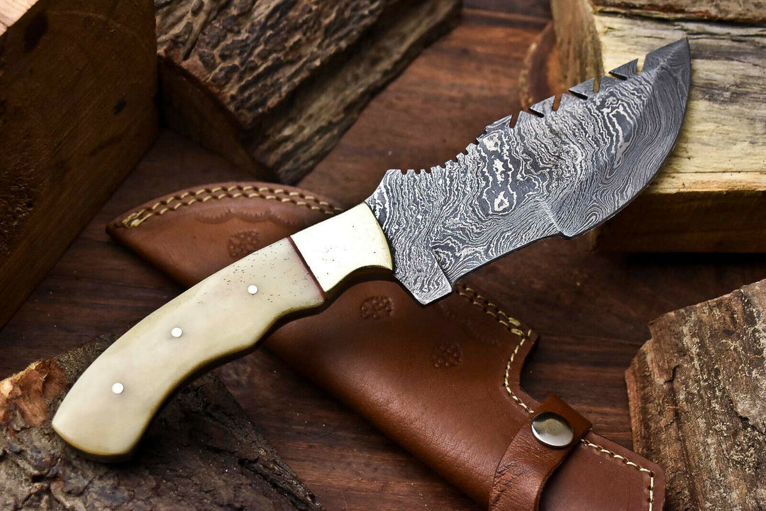 Custom Handmade Damascus Hunting Tracker knife Bone handle