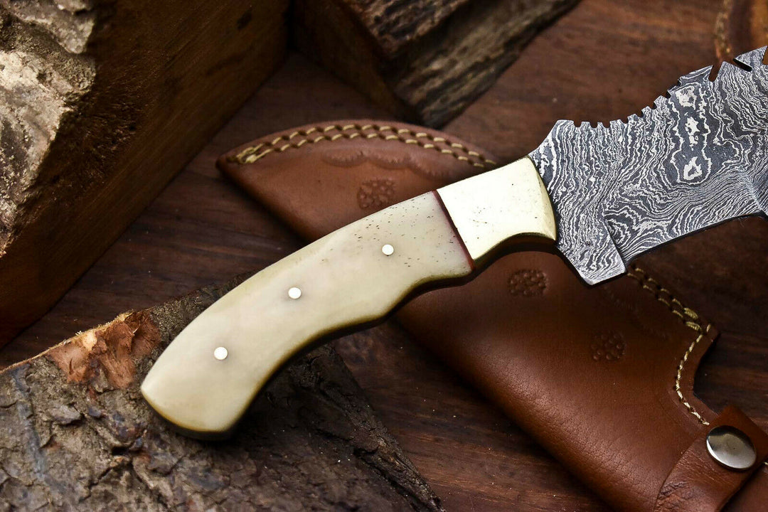 Custom Handmade Damascus Hunting Tracker knife Bone handle