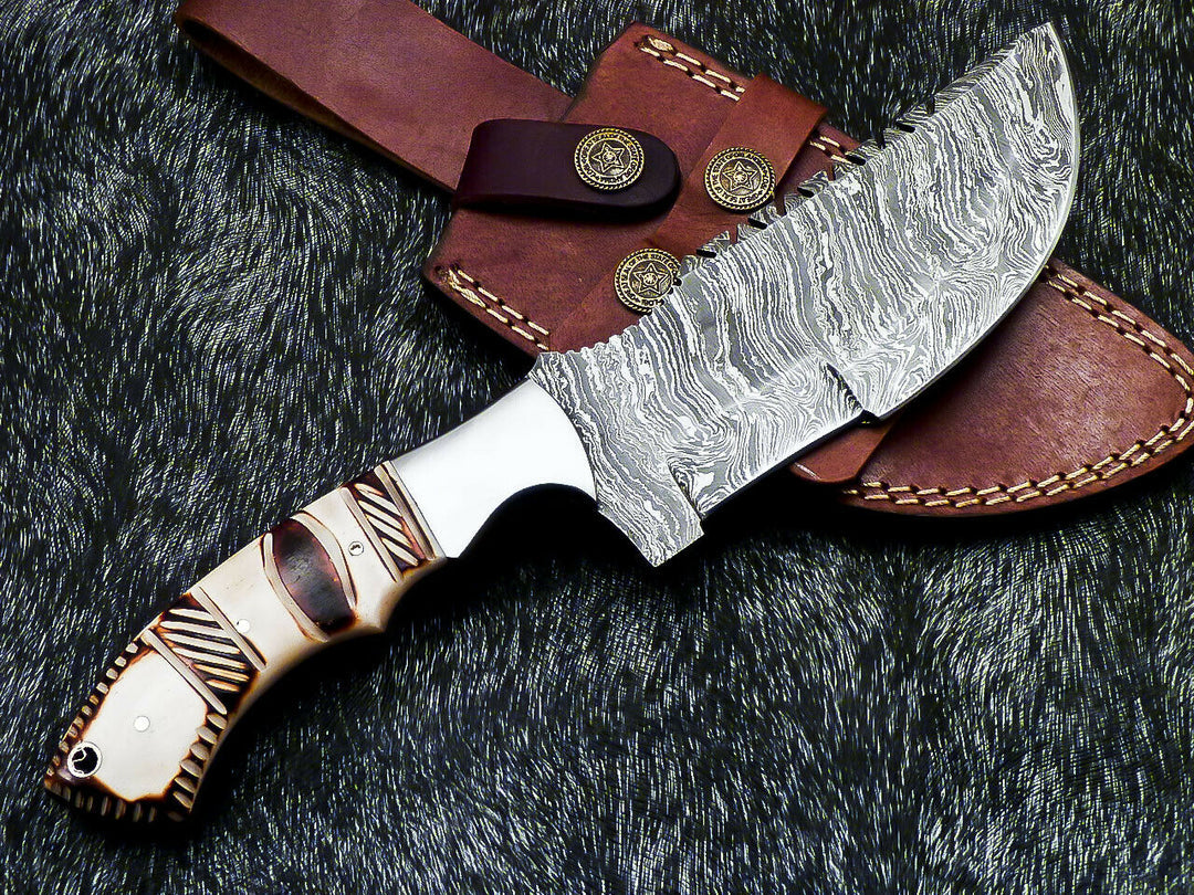 Custom Hand Forged Damascus Steel 10" Tracker Hunting Knife BONE Handle