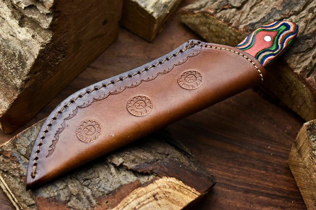 Cowboy Knife Forged Damascus Bull Cutter with Leather Sheath