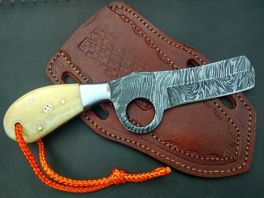 Handmade Cowboy Knife 8" Damascus Bull Cutter Pancake Leather Holster