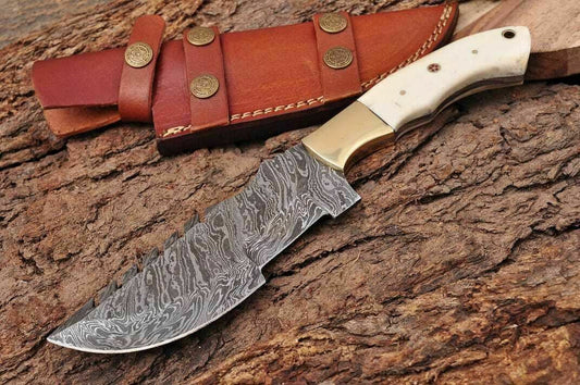 Handmade Damascus Steel Tracker Hunting Knife "Bone handle