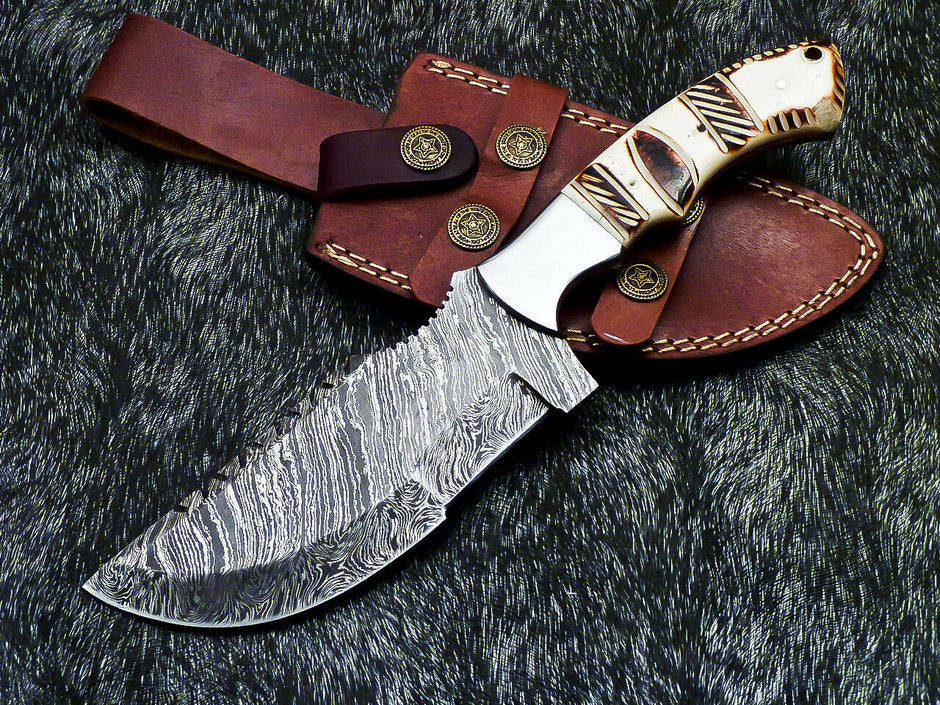 Custom Hand Forged Damascus Steel 10" Tracker Hunting Knife BONE Handle