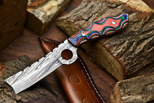 Cowboy Knife Forged Damascus Bull Cutter with Leather Sheath